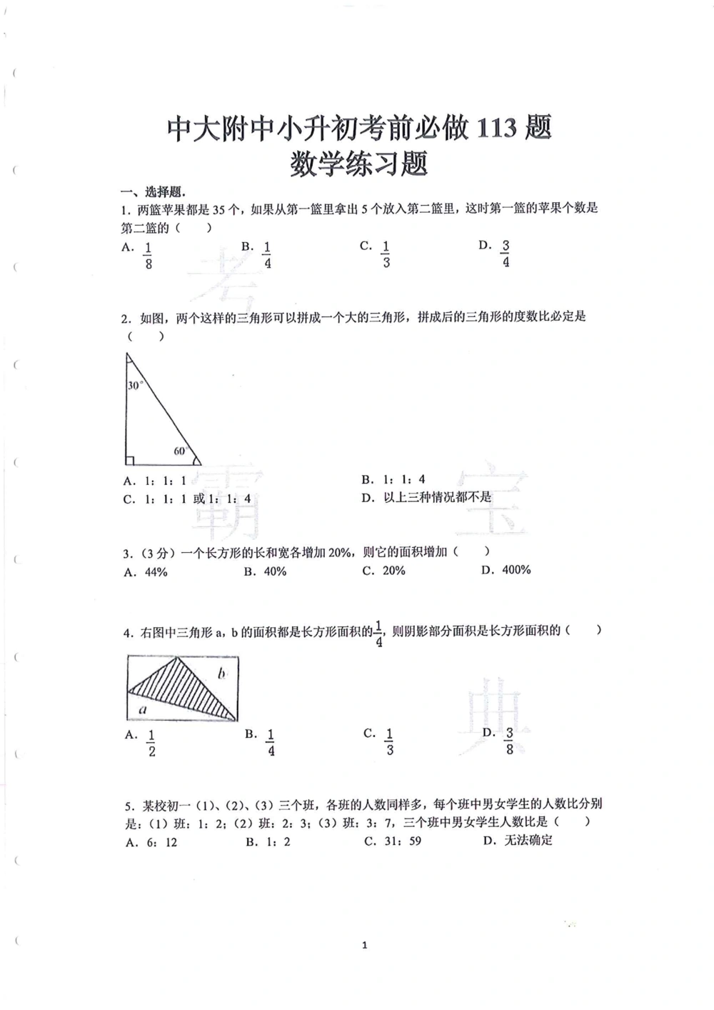中大附中数学科考前必练113题_小学奥数希望杯华杯赛数学竞赛历年真题试题试卷答案解析电子版_赠送4大小联盟、奥校、广外等名校小升初试卷等_10-中大附中数学科考前必练113题