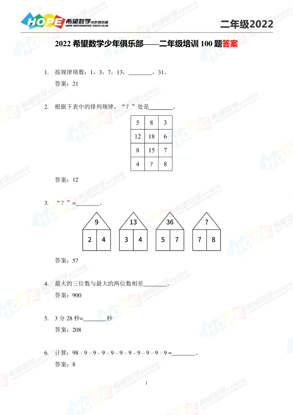 2022培训题2年级-答案版_小学奥数希望杯华杯赛数学竞赛历年真题试题试卷答案解析电子版_3希望杯46套Word版真题_2022培训题100