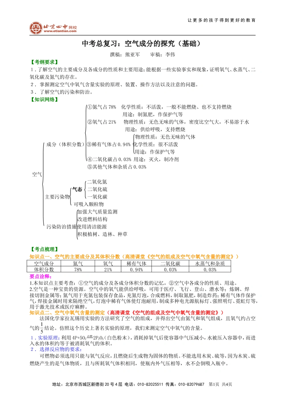 中考总复习：空气成分的探究（基础）知识讲解_中考全科复习资料_北京四中绝密资料05中考化学总复习_01中考总复习：空气成分的探究（基础）