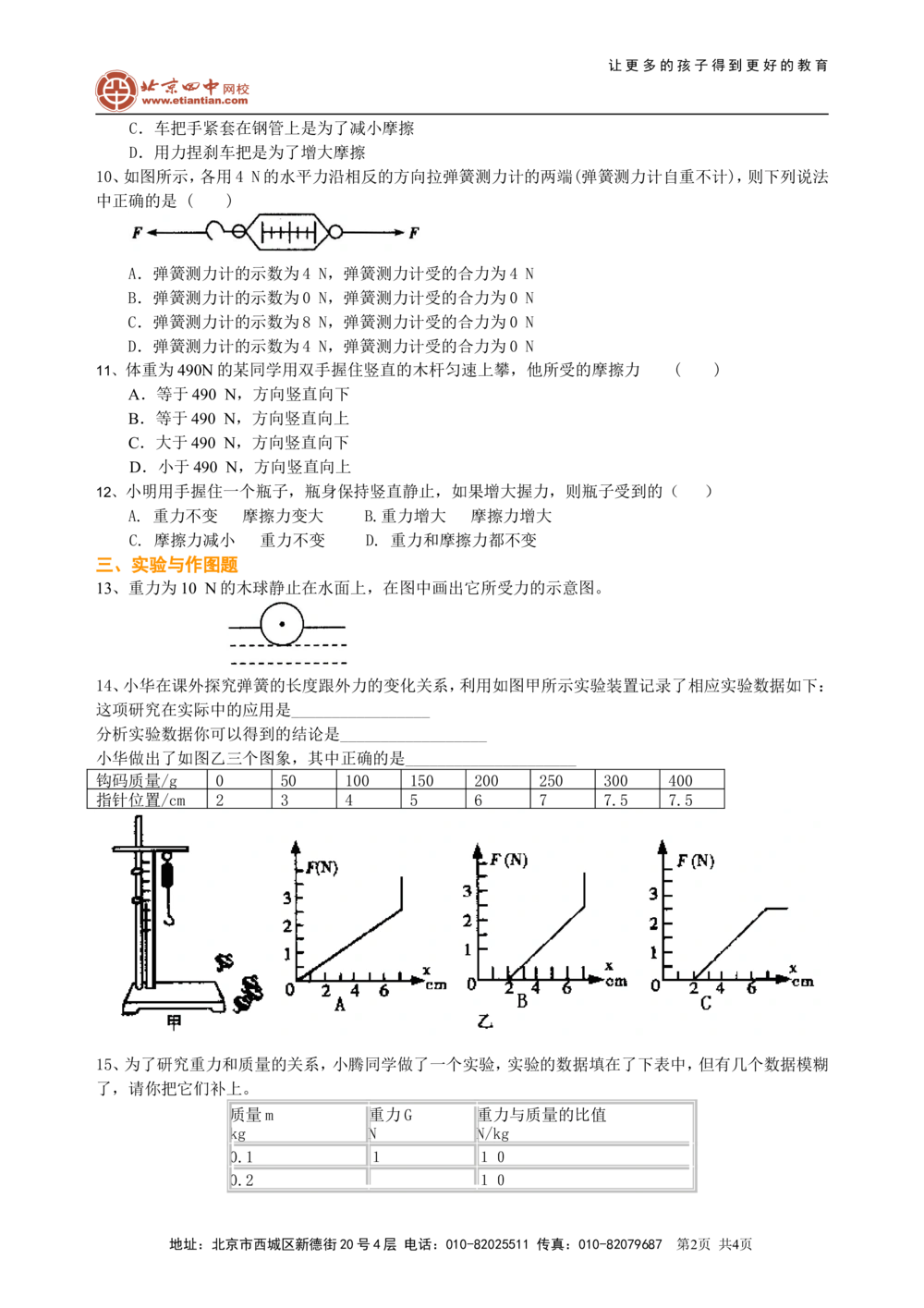 中考总复习：重力、弹力、摩擦力（基础）巩固练习_中考全科复习资料_北京四中绝密资料04中考物理总复习_12总复习：重力、弹力、摩擦力（基础）