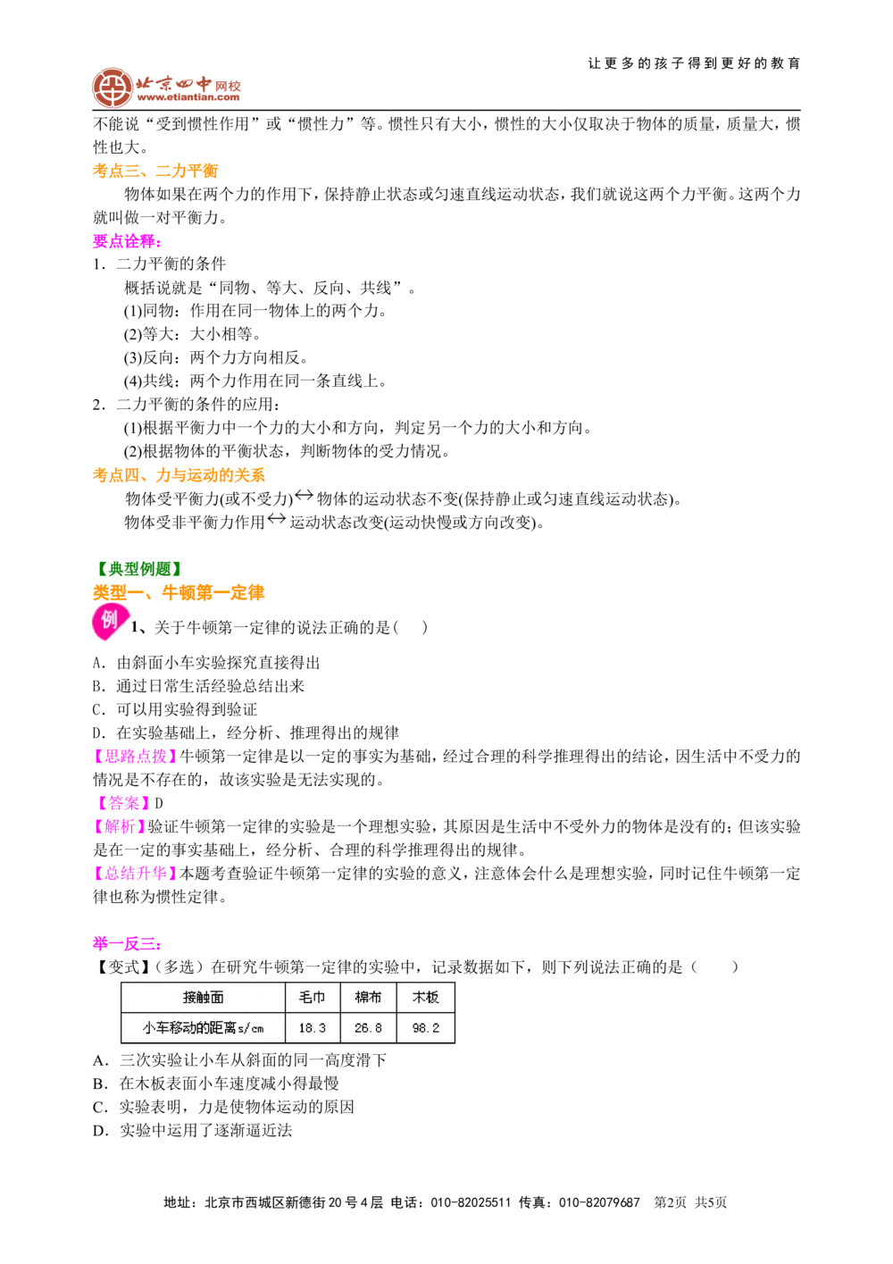 中考总复习：牛顿第一定律二力平衡（基础）知识讲解_中考全科复习资料_北京四中绝密资料04中考物理总复习_14总复习：牛顿第一定律二力平衡（基础）