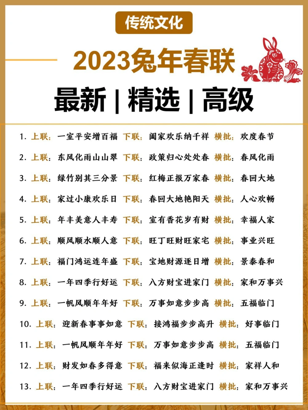 50幅兔年春联高级经典｜寓意吉祥_中小学精品资料(高清可打印)_古文化大全集628份高清资料整理版