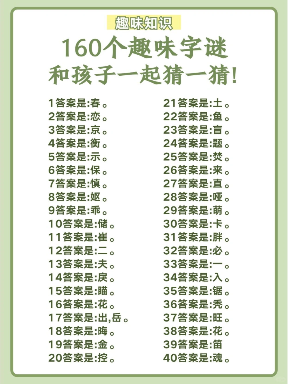 160个趣味字谜，和孩子一起猜一猜！_中小学精品资料(高清可打印)_百科知识大全集312份高清资料整理版