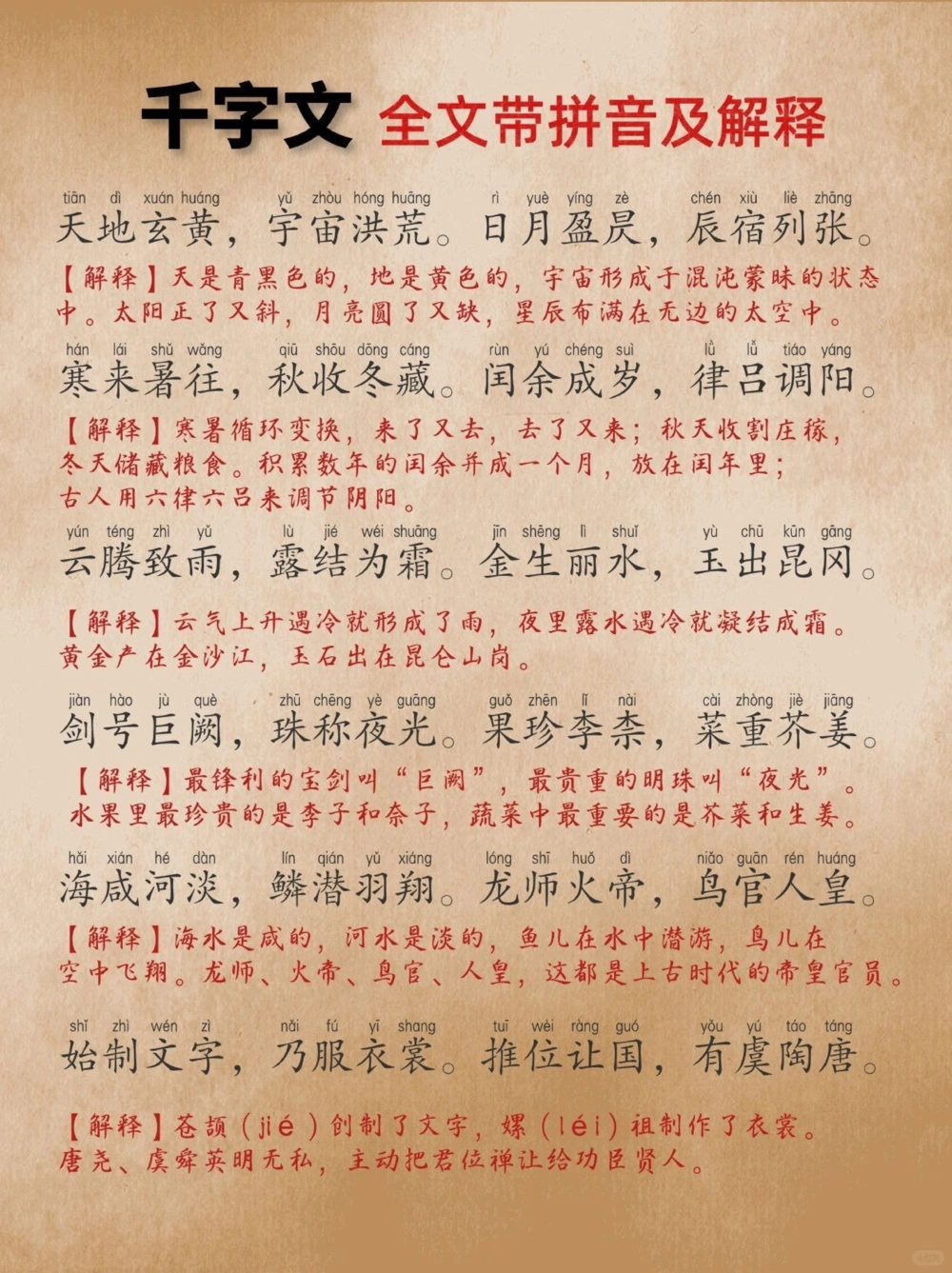 《千字文》豪华版，全文带拼音带解释，易懂易记_中小学精品资料(高清可打印)_古文化大全集628份高清资料整理版