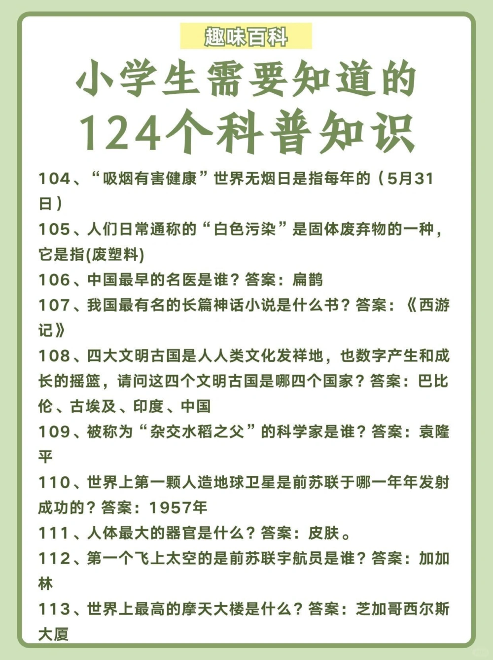 124个科普知识小学生需要知道️_中小学精品资料(高清可打印)_百科知识大全集312份高清资料整理版