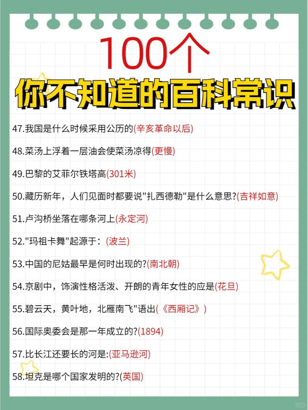 100个你不知道的百科常识生活学习有益_中小学精品资料(高清可打印)_常识知识大全集140份高清资料整理版