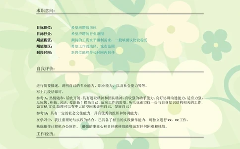 009.嫩绿花朵_表格式_适用于应届生_2页式_无内容_无封面_26考研复试_10考研复试资料25_考研经典面试系列（复试技巧调剂指导口语指导自我介绍导师模板）_简历模板大全