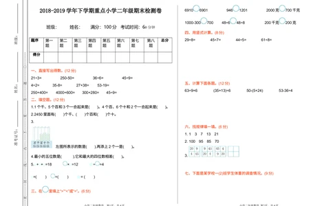 期末检测卷1_小学试卷大合集_二年级数学下册（单元期中期末试卷）_人教版二年级数学下册单元期中期末测试卷_期末测试真题卷_期末测试卷