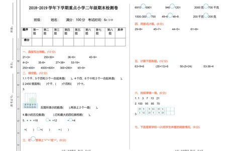 期末检测卷1_小学试卷大合集_二年级数学下册（单元期中期末试卷）_人教版二年级数学下册单元期中期末测试卷_期末测试真题卷_期末测试卷