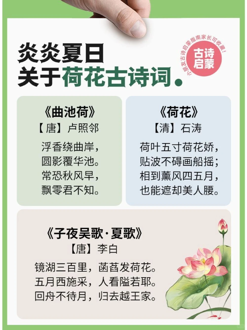 古诗词里唯美的荷花，记得收藏啦～_中小学精品资料(高清可打印)_古诗词大全集281份高清资料整理版