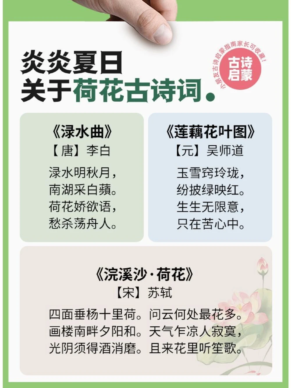 古诗词里唯美的荷花，记得收藏啦～_中小学精品资料(高清可打印)_古诗词大全集281份高清资料整理版