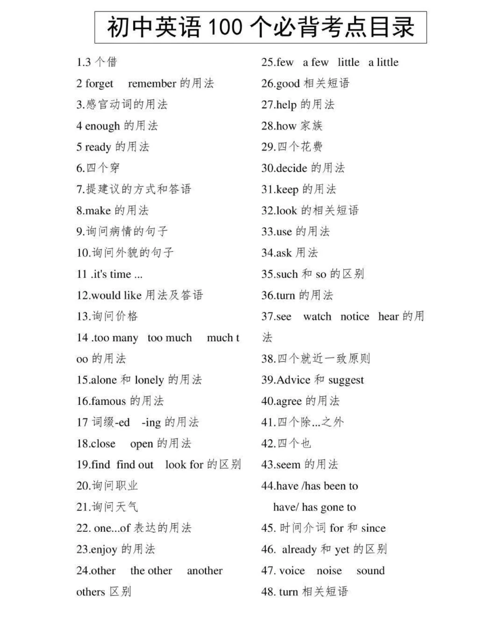 初中英语100个必背考点，内容有点多，每天看一遍，坚持两个月就可以记住了，背熟这些知识，你的英语成绩一定可以提升很多，拜托一定要背熟#英语#初中英语#知识点总结#图文伙伴计划#抖音图文来了