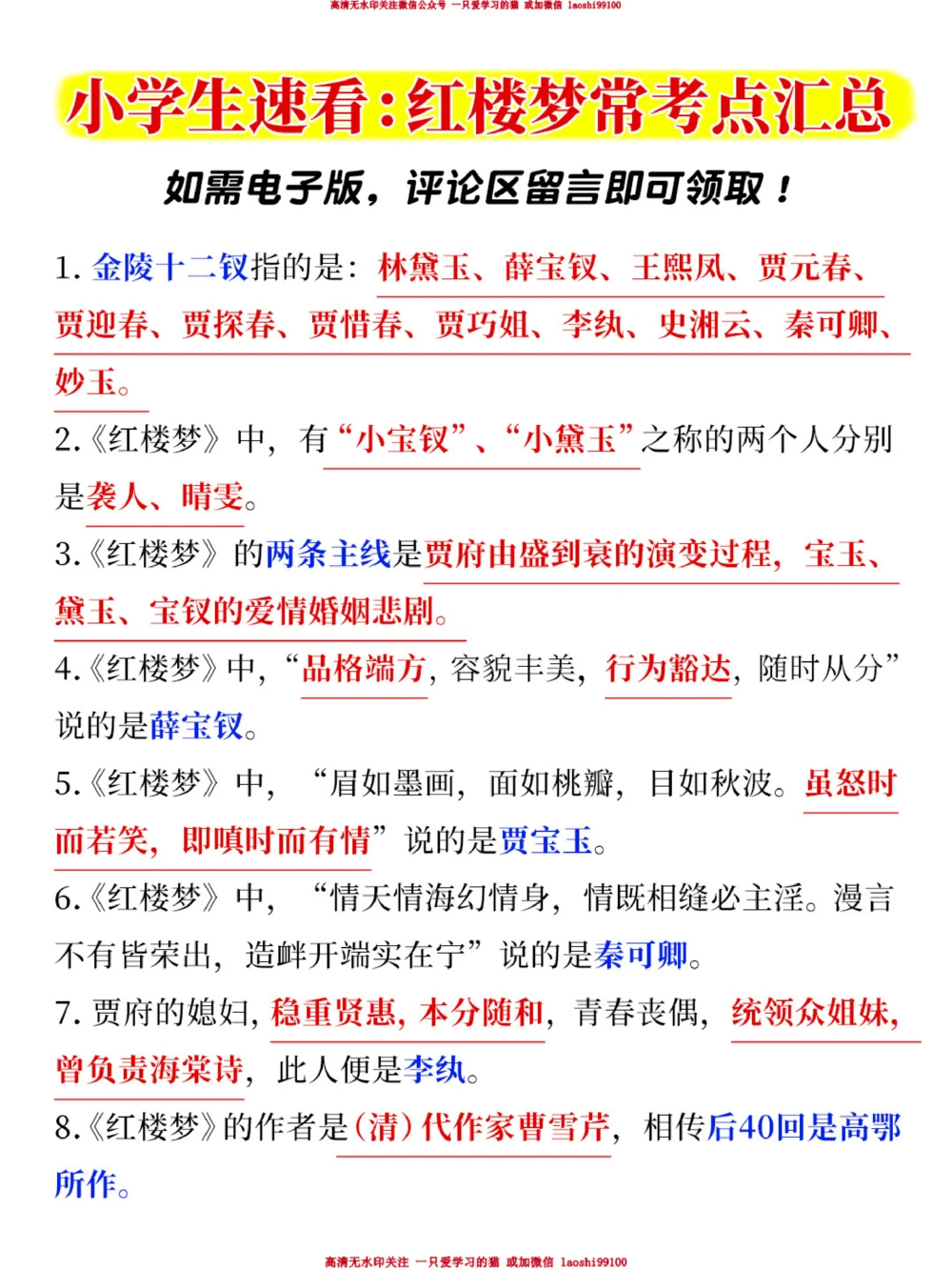 小学生速看-红楼梦常考点汇总_2025抖音最火小学全科全年级资料大全集超完整版_小学语文VIP资源禁止外传