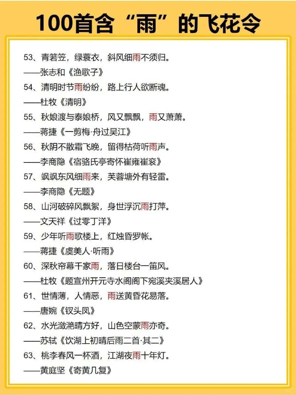 飞花令100首含&ldquo;雨&rdquo;的诗词_中小学精品资料(高清可打印)_古诗词大全集281份高清资料整理版