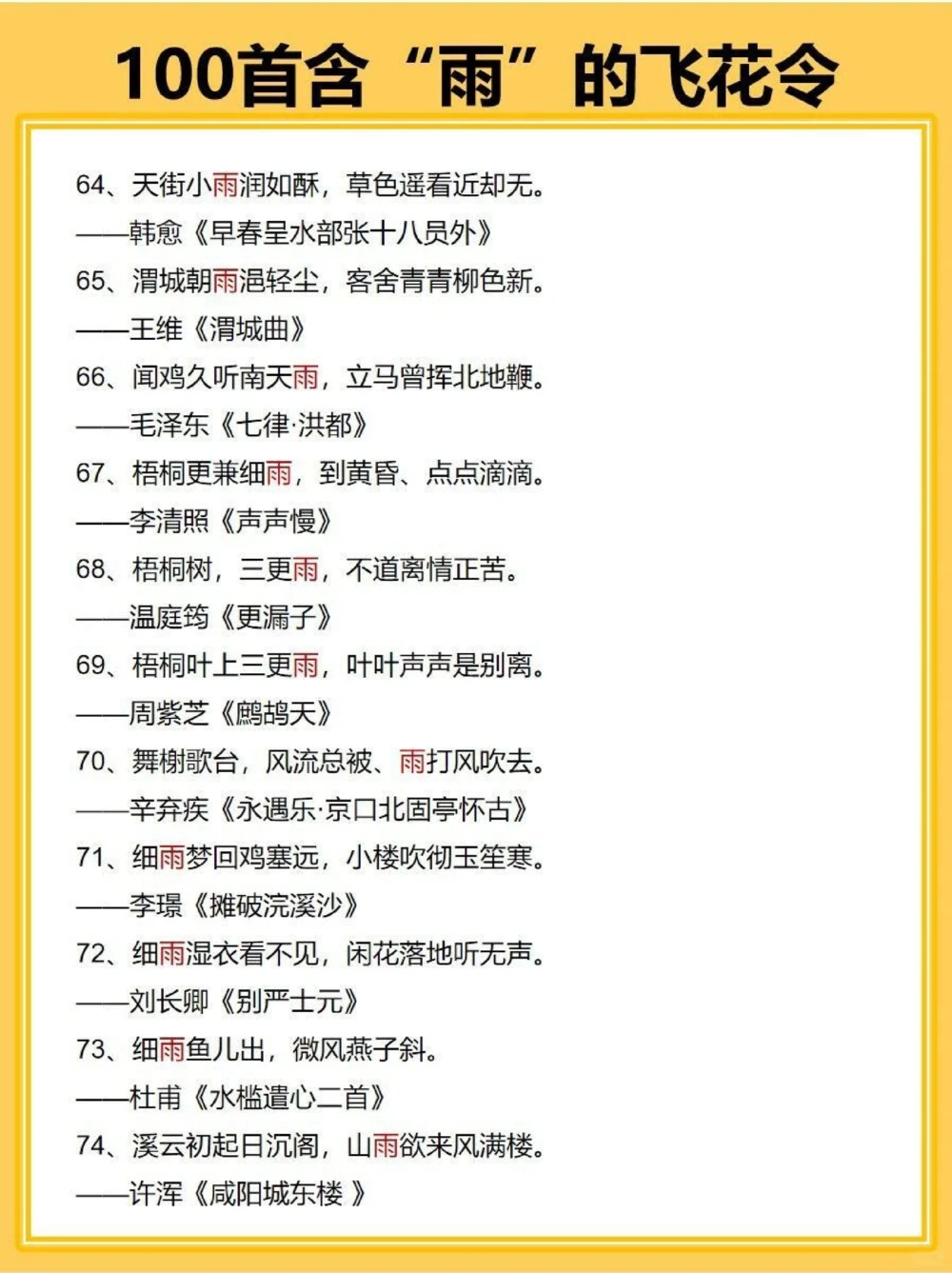 飞花令100首含&ldquo;雨&rdquo;的诗词_中小学精品资料(高清可打印)_古诗词大全集281份高清资料整理版