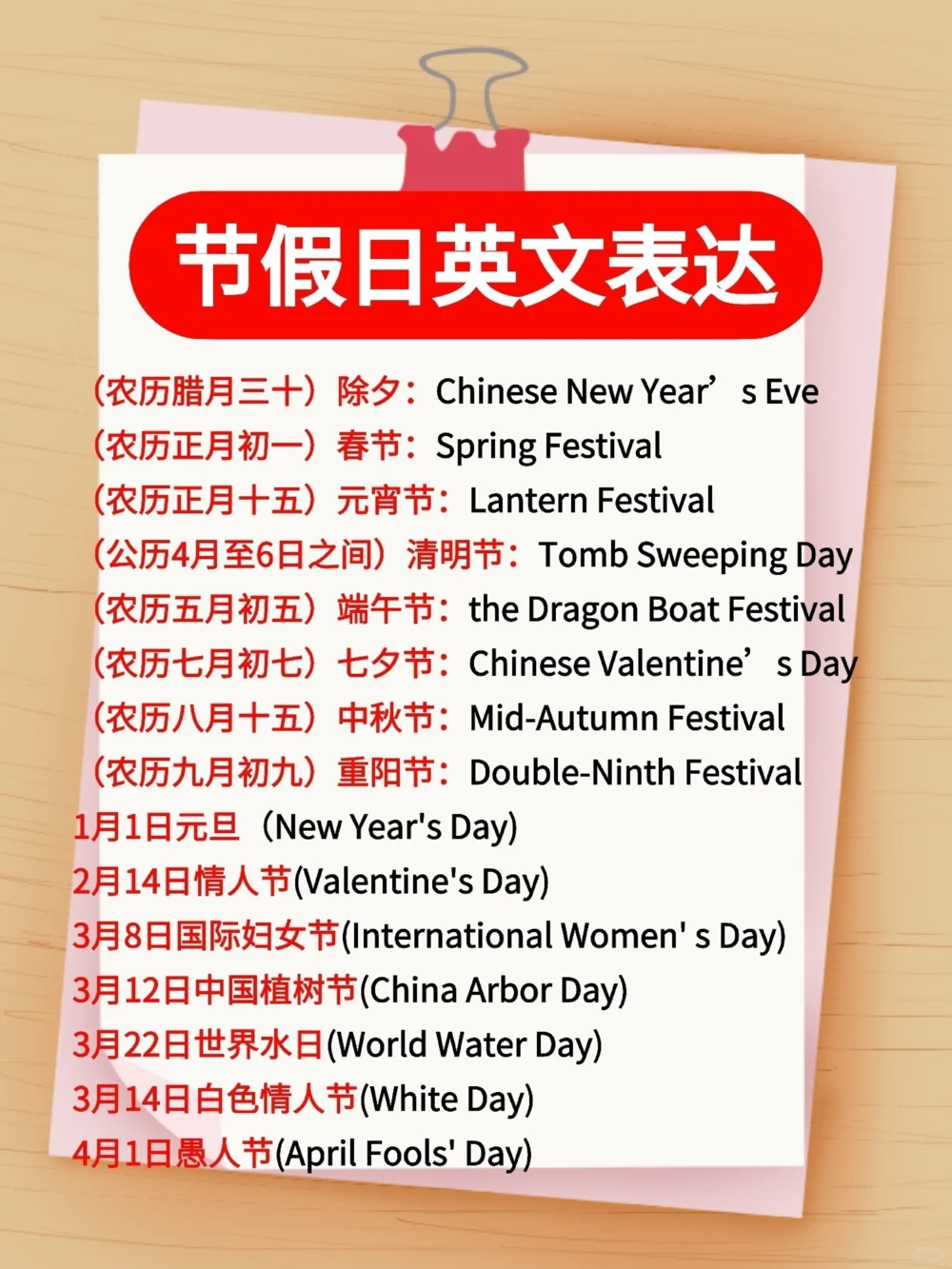 涨知识：节假日英文表达大全，请收藏！_中小学精品资料(高清可打印)_常识知识大全集140份高清资料整理版