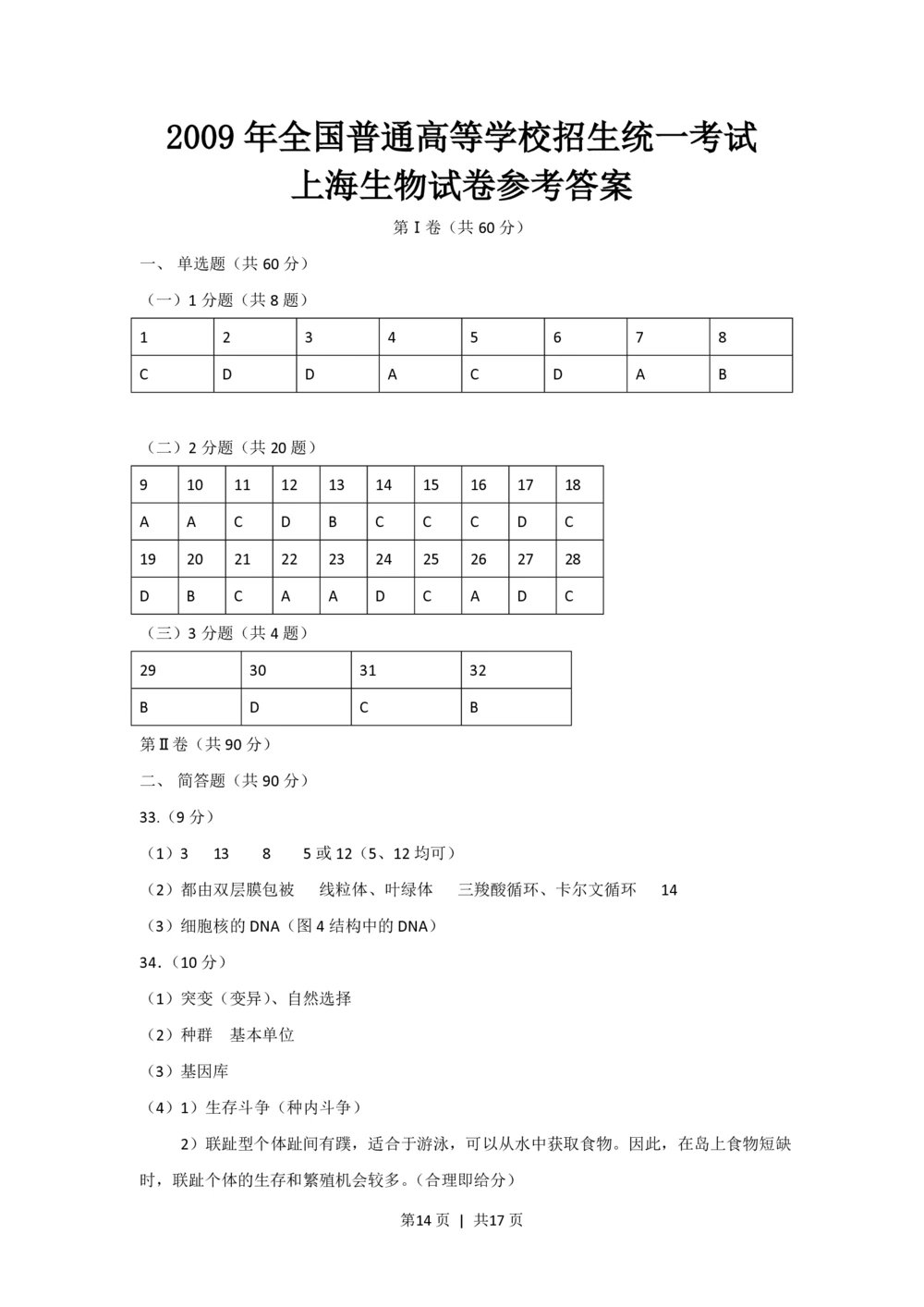 2009年高考生物试卷（上海）（解析卷）_生物历年高考真题_新&middot;PDF版2008-2025&middot;高考生物真题_生物（按省份分类）2008-2025_2008-2022&middot;（上海）生物高考真题