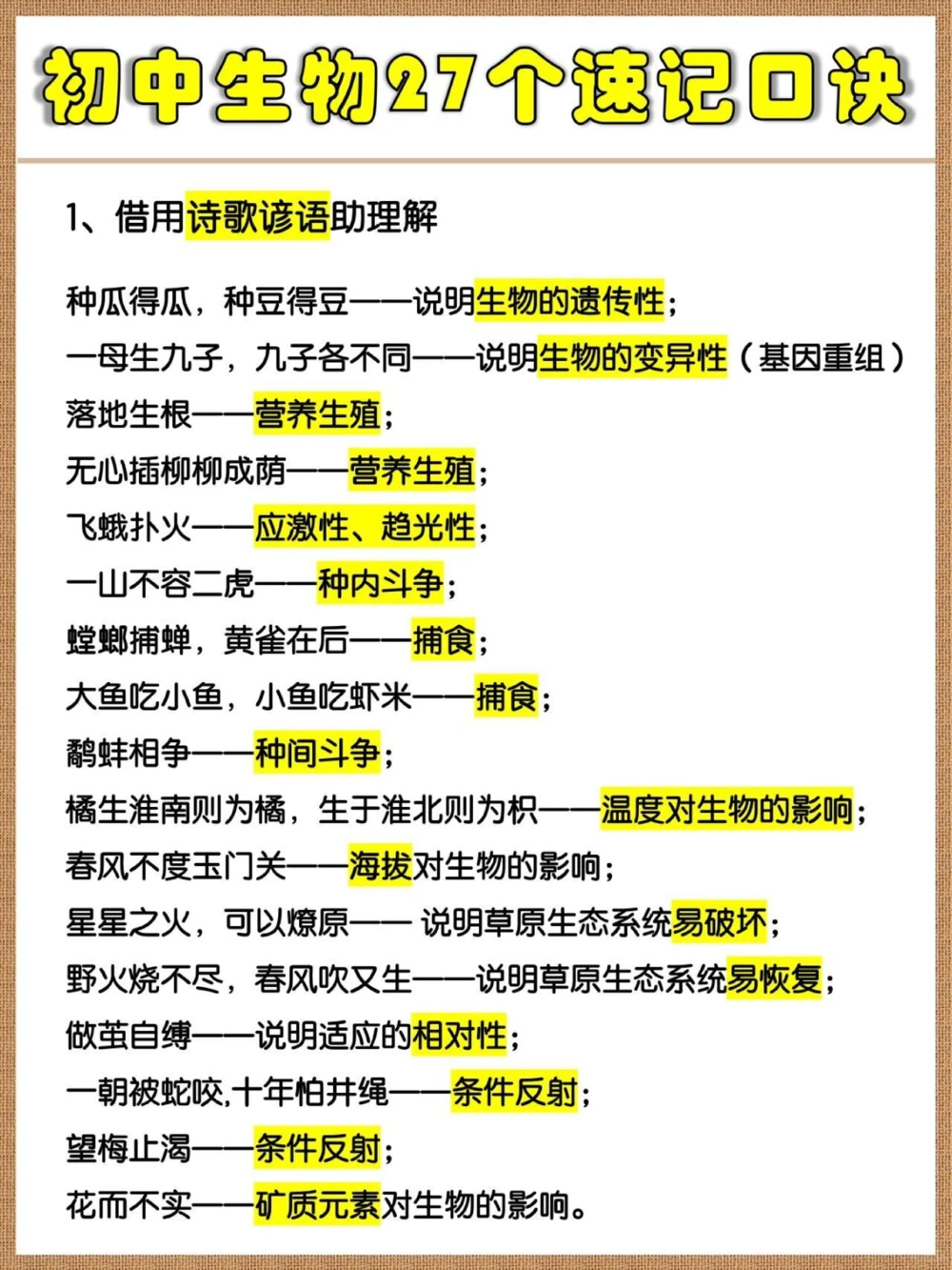 重点高中学长推荐生物会考27个速记口诀_中小学精品资料(高清可打印)_高中大全集高清资料整理版