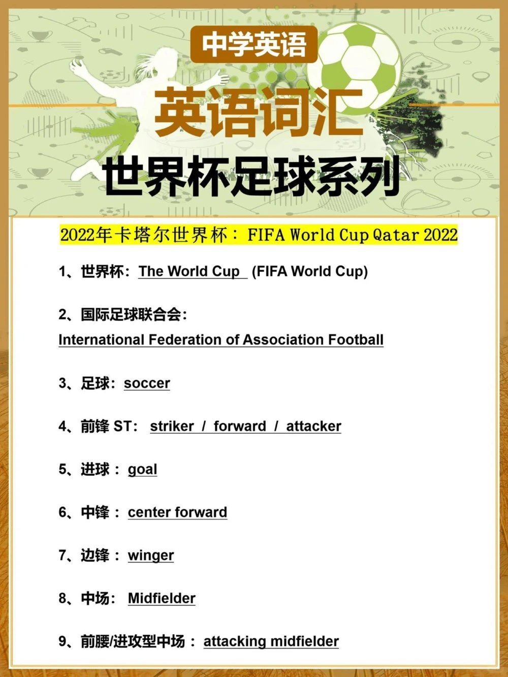 资深球迷get️️59个世界杯足球英语词汇_中小学精品资料(高清可打印)_初中大全集高清资料整理版