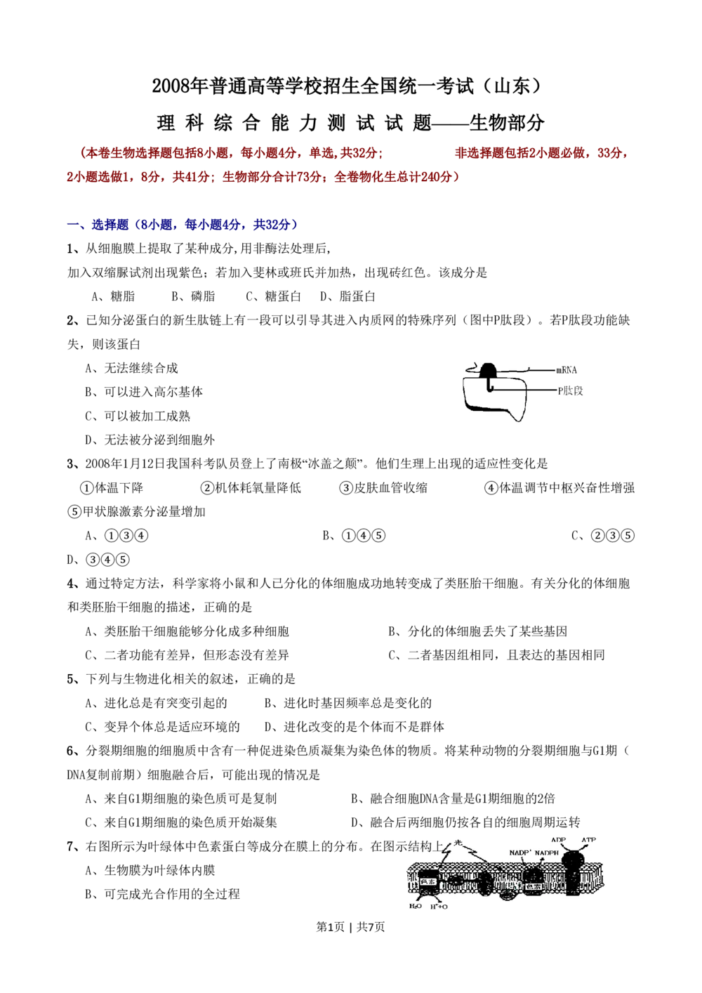 2008年高考生物试卷（山东）（解析卷）_生物历年高考真题_新&middot;PDF版2008-2025&middot;高考生物真题_生物（按年份分类）2008-2025_2008&middot;高考生物真题