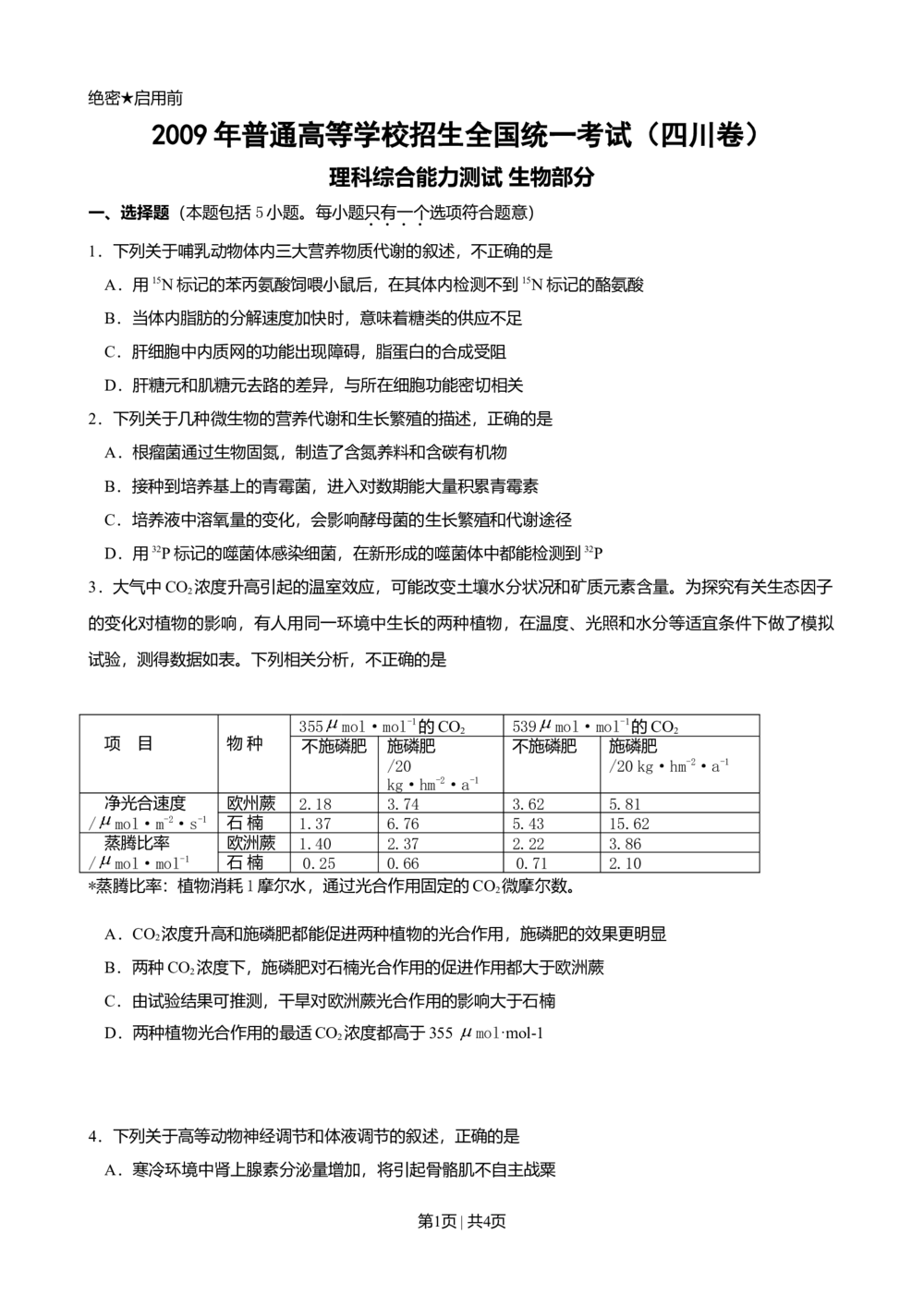 2009年高考生物试卷（四川）（空白卷）_生物历年高考真题_新&middot;Word版2008-2025&middot;高考生物真题_生物（按省份分类）2008-2025_2008-2024&middot;（四川）生物高考真题
