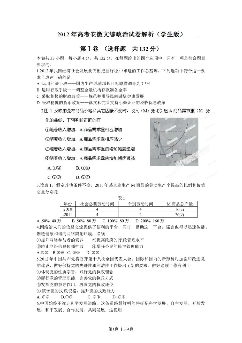 2012年高考政治试卷（安徽）（空白卷）_政治历年高考真题_新&middot;Word版2008-2025&middot;高考政治真题_政治（按试卷类型分类）2008-2025_自主命题卷&middot;政治（2008-2025）