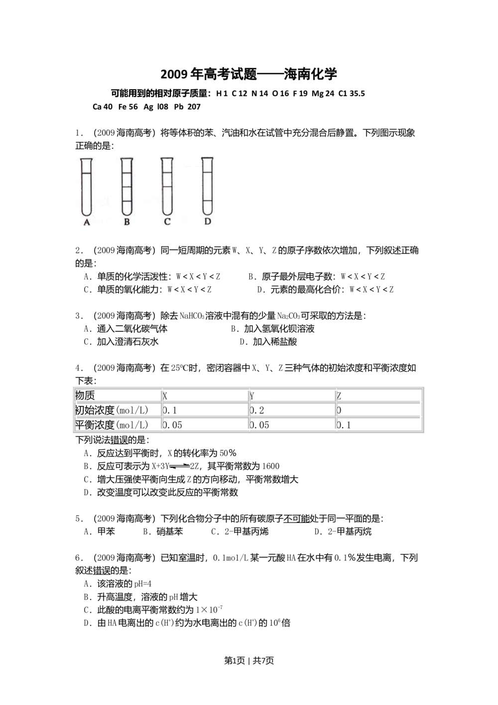 2009年高考化学试卷（海南）（空白卷）_历年高考真题合集_化学历年高考真题_新&middot;Word版2008-2025&middot;高考化学真题_化学（按试卷类型分类）2008-2025_自主命题卷&middot;化学（2008-2025）