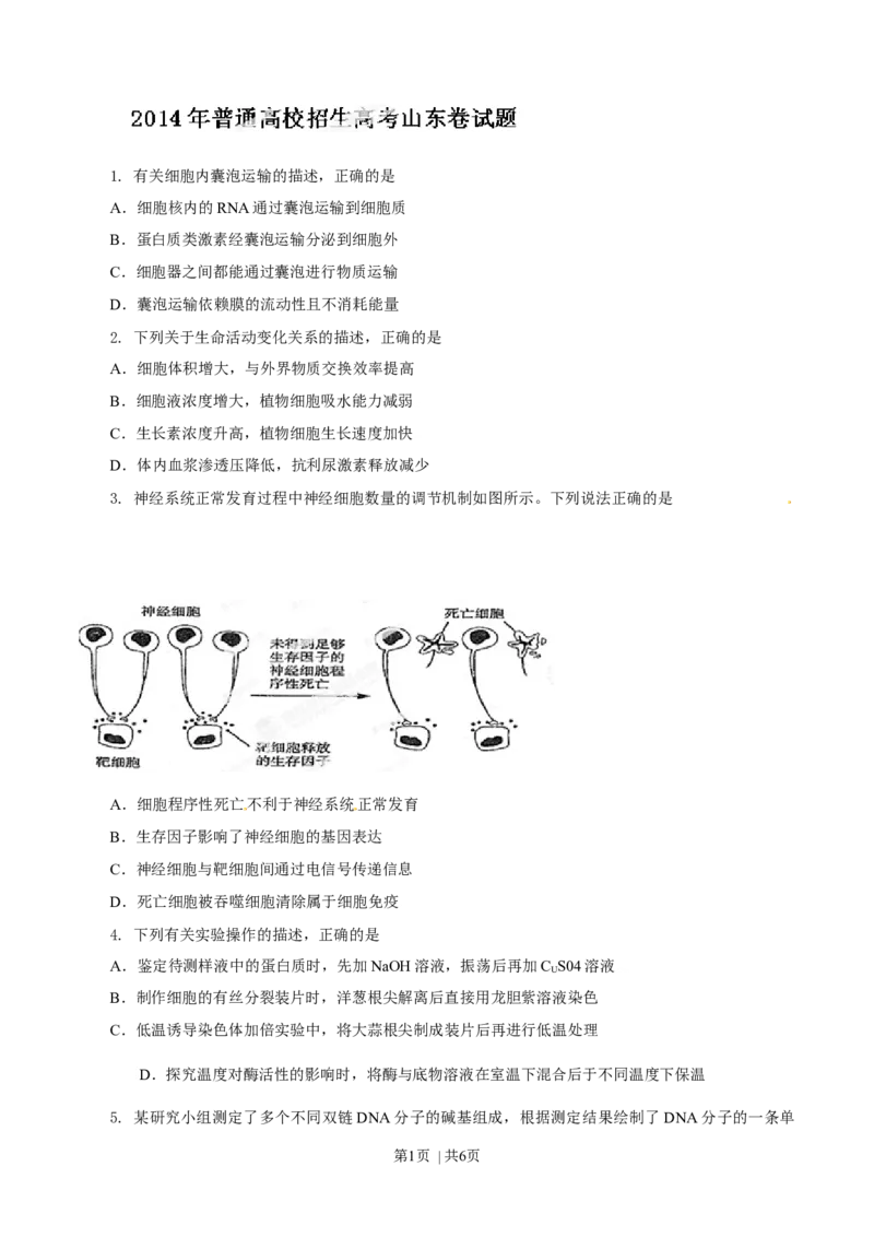 2014年高考生物试卷（山东）（空白卷）_生物历年高考真题_新&middot;Word版2008-2025&middot;高考生物真题_生物（按年份分类）2008-2025_2014&middot;高考生物真题