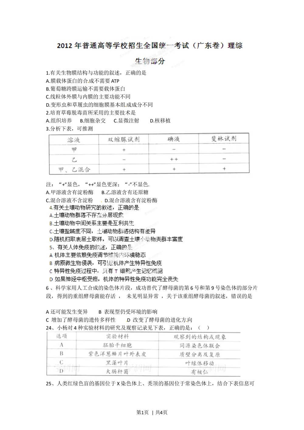 2012年高考生物试卷（广东）（空白卷）_生物历年高考真题_新&middot;Word版2008-2025&middot;高考生物真题_生物（按年份分类）2008-2025_2012&middot;高考生物真题