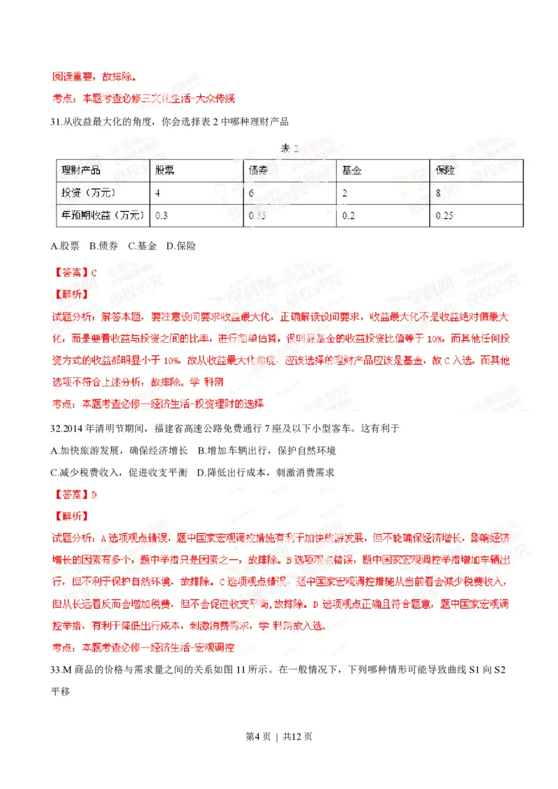2014年高考政治试卷（福建）（解析卷）_政治历年高考真题_新&middot;PDF版2008-2025&middot;高考政治真题_政治（按试卷类型分类）2008-2025_自主命题卷&middot;政治（2008-2025）