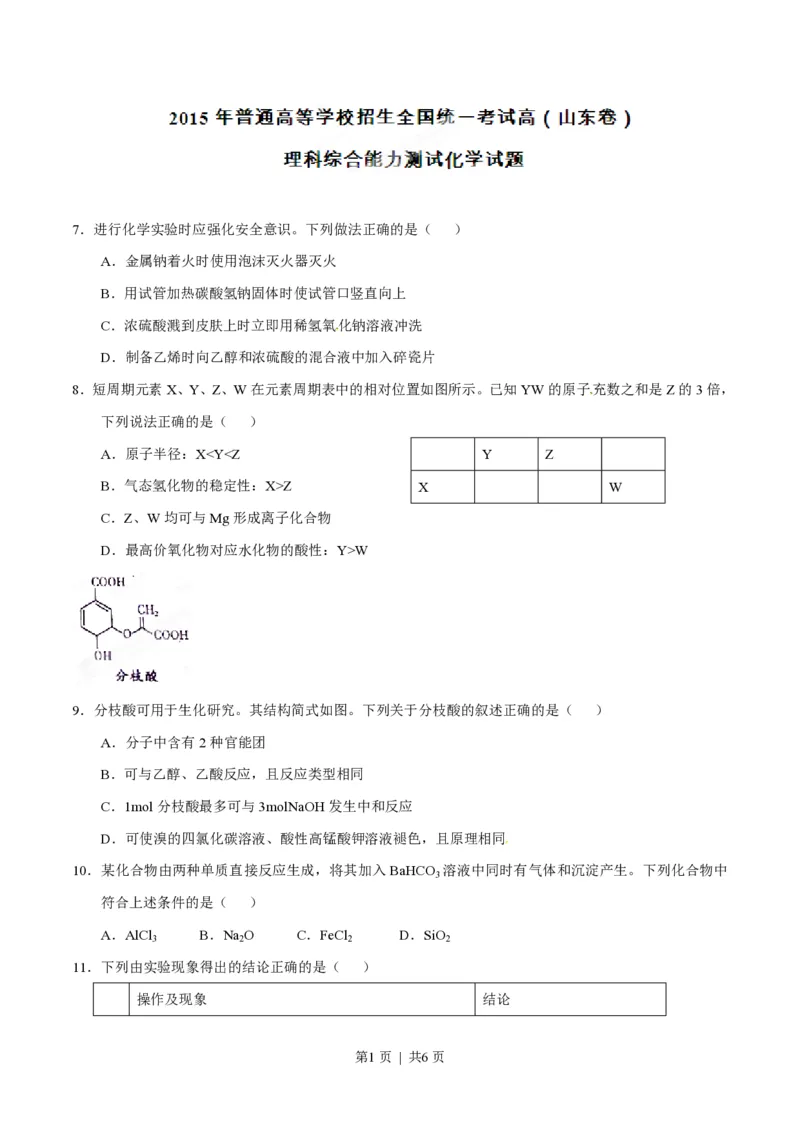 2015年高考化学试卷（山东）（空白卷）_历年高考真题合集_化学历年高考真题_新&middot;PDF版2008-2025&middot;高考化学真题_化学（按试卷类型分类）2008-2025_自主命题卷&middot;化学（2008-2025）(1)