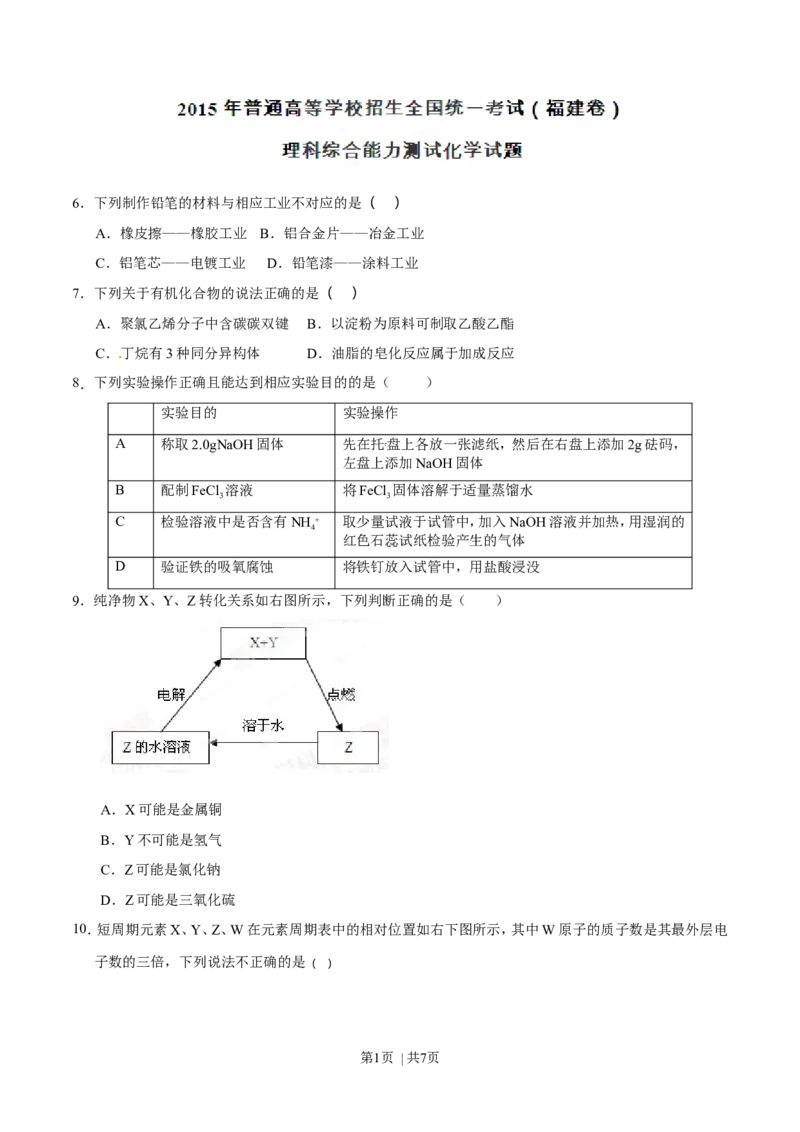 2015年高考化学试卷（福建）（空白卷）_历年高考真题合集_化学历年高考真题_新&middot;Word版2008-2025&middot;高考化学真题_化学（按年份分类）2008-2025_2015&middot;高考化学真题
