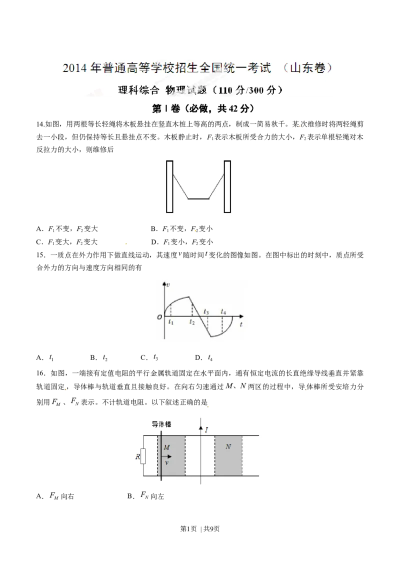 2014年高考物理试卷（山东）（空白卷）_物理历年高考真题_新&middot;Word版2008-2025&middot;高考物理真题_物理（按年份分类）2008-2025_2014&middot;高考物理真题