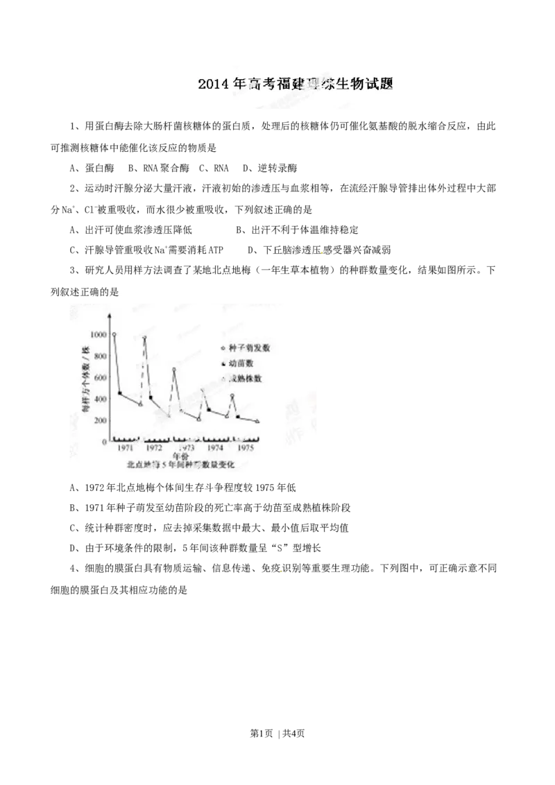 2014年高考生物试卷（福建）（空白卷）_生物历年高考真题_新&middot;Word版2008-2025&middot;高考生物真题_生物（按年份分类）2008-2025_2014&middot;高考生物真题