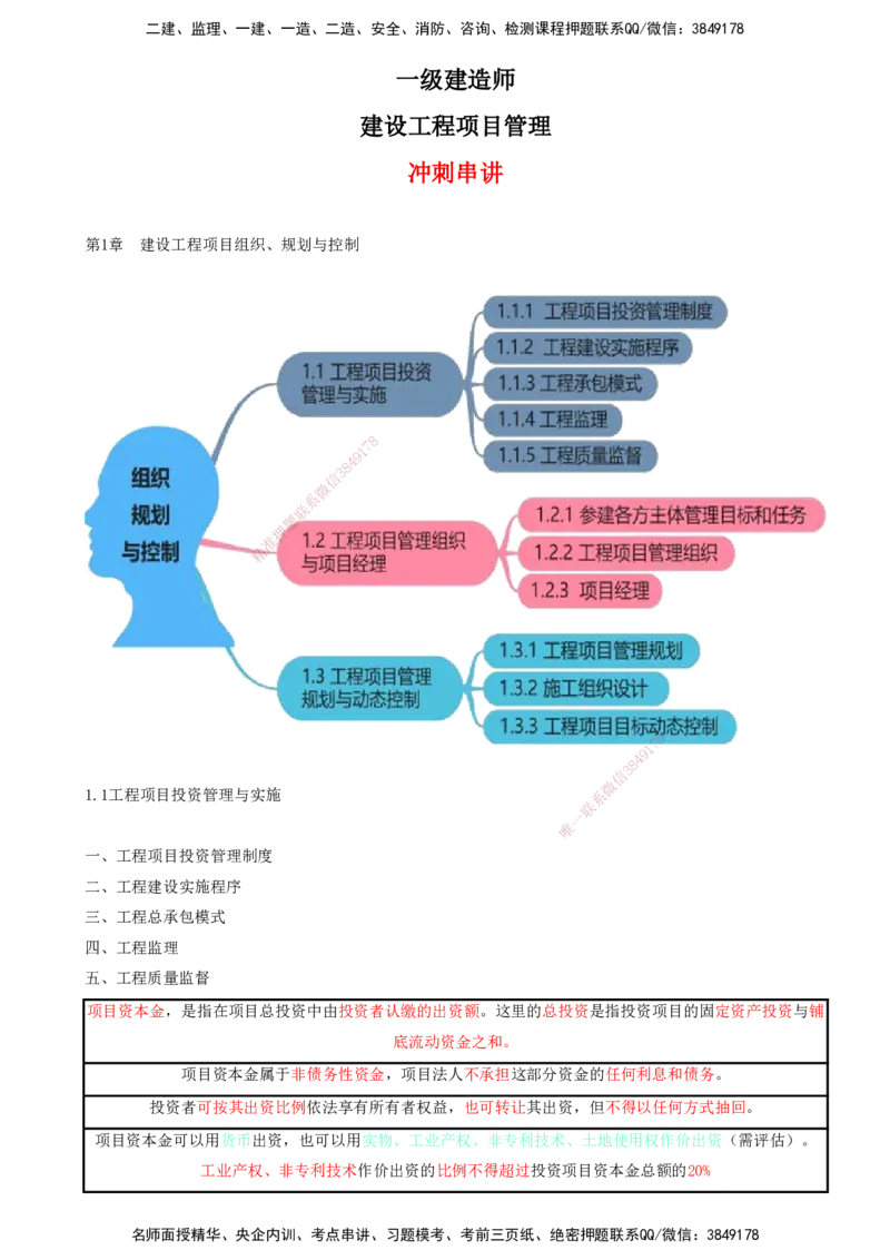 01-第1章-建设工程项目组织、规划与控制（一）_2026年一级建造师_2026年一建管理_2025年一建管理SVIP_04-冲刺串讲✿考点强化✿小灶集训_15-管理《冲刺串讲班》王少杰CSW_讲义