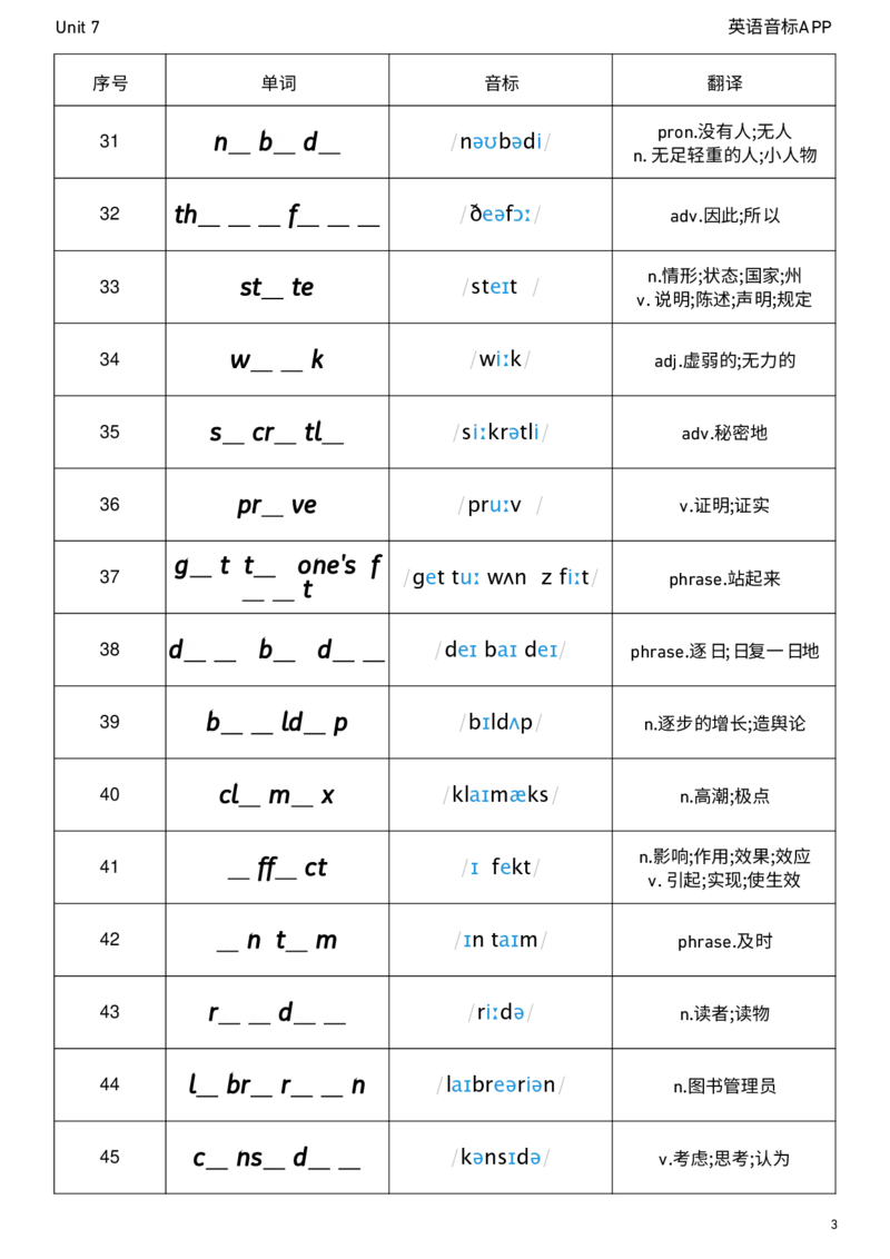 2026春人教版英语八下Unit7单词挖空_初中英语新版_最新人教版英语八年级下册_2026春新人教版八下（更新中）_04单词背诵默写8个表（全）