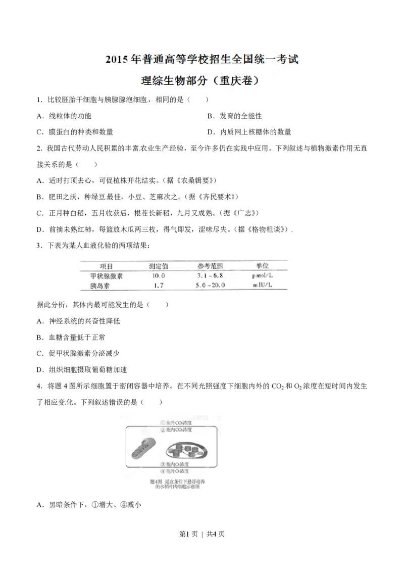2015年高考生物试卷（重庆）（空白卷）_生物历年高考真题_新&middot;PDF版2008-2025&middot;高考生物真题_生物（按年份分类）2008-2025_2015&middot;高考生物真题