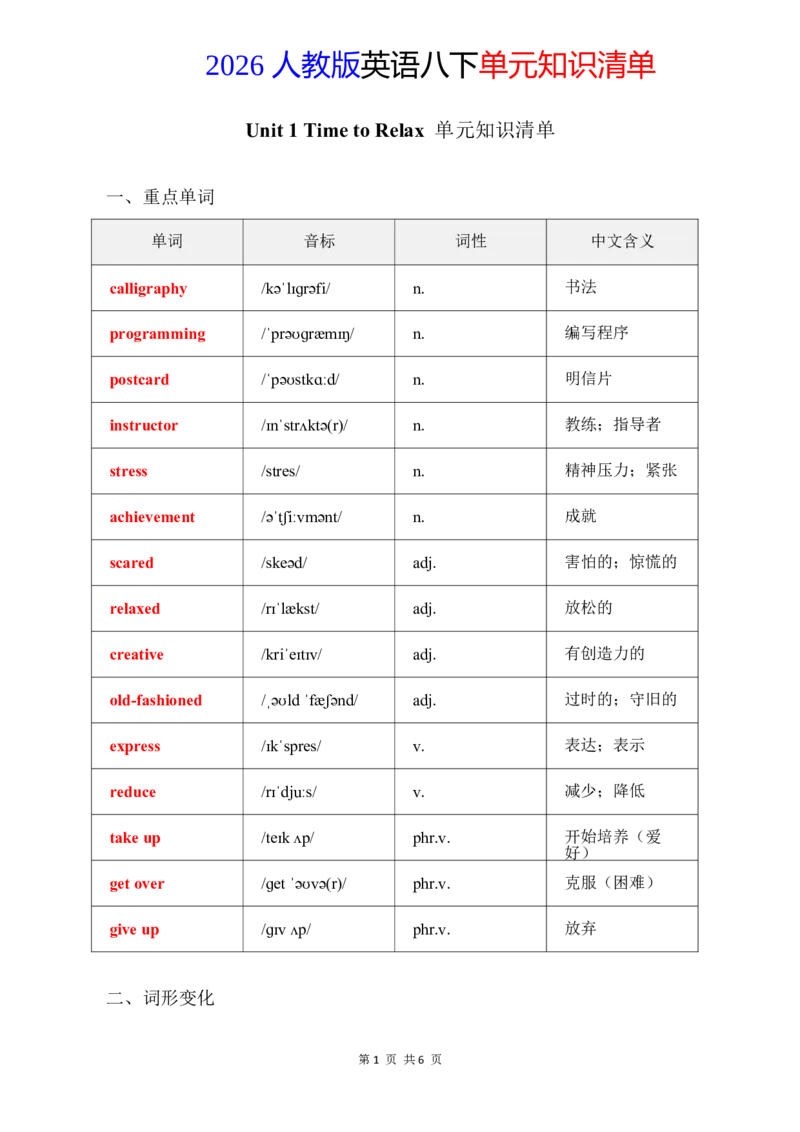 2026春人教版英语八下单元知识清单Unit1_初中英语新版_最新人教版英语八年级下册_2026春新人教版八下（更新中）_19知识清单U1-U6