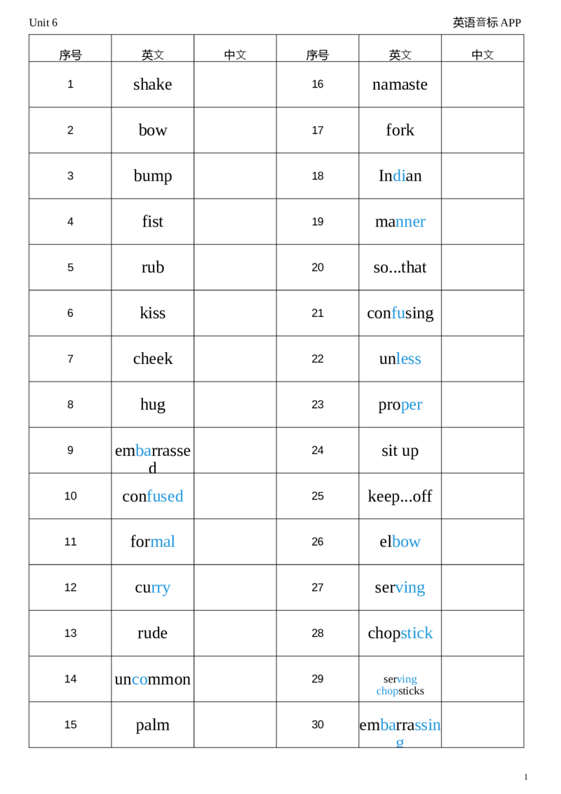 2026春人教版英语八下Unit6英译中_初中英语新版_最新人教版英语八年级下册_2026春新人教版八下（更新中）_04单词背诵默写8个表（全）