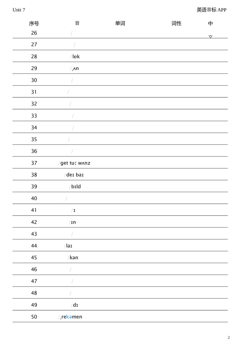 2026春人教版英语八下Unit7看音标默单词_初中英语新版_最新人教版英语八年级下册_2026春新人教版八下（更新中）_04单词背诵默写8个表（全）