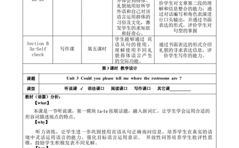 SectionB1a-1e大单元教学+课时设计Unit3Couldyoupleasetellmewheretherestroomsare_初中英语新版_最新人教版英语九年级全册_新更新初中英语9全_01课件+教案