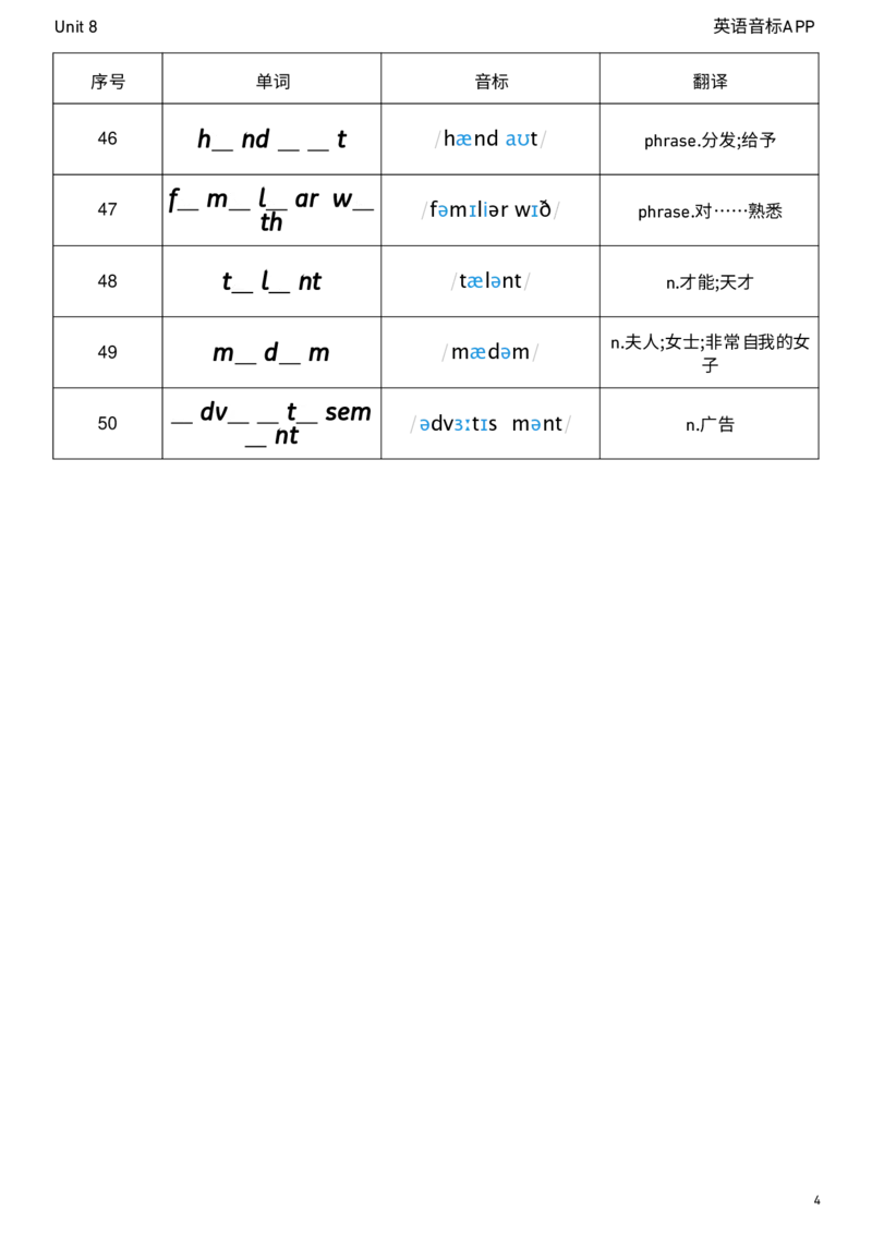 2026春人教版英语八下Unit8单词挖空_初中英语新版_最新人教版英语八年级下册_2026春新人教版八下（更新中）_04单词背诵默写8个表（全）