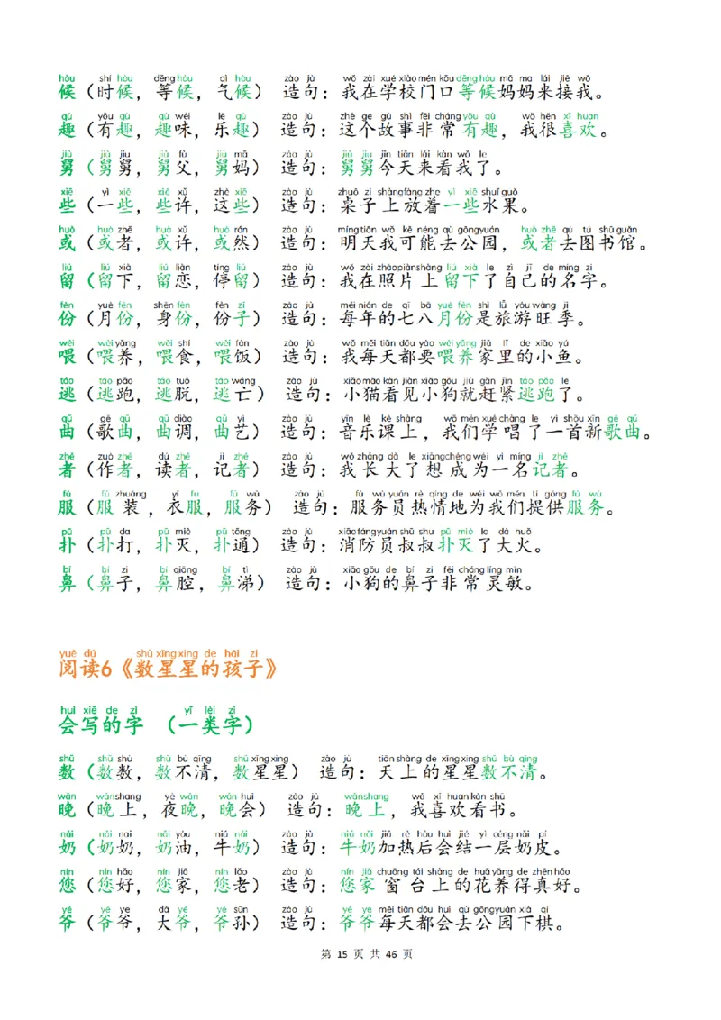 25新二上语文生字组词造句（一二类字）每日晨读必备46页_25秋《生字+组词+字帖》语文1-6年级