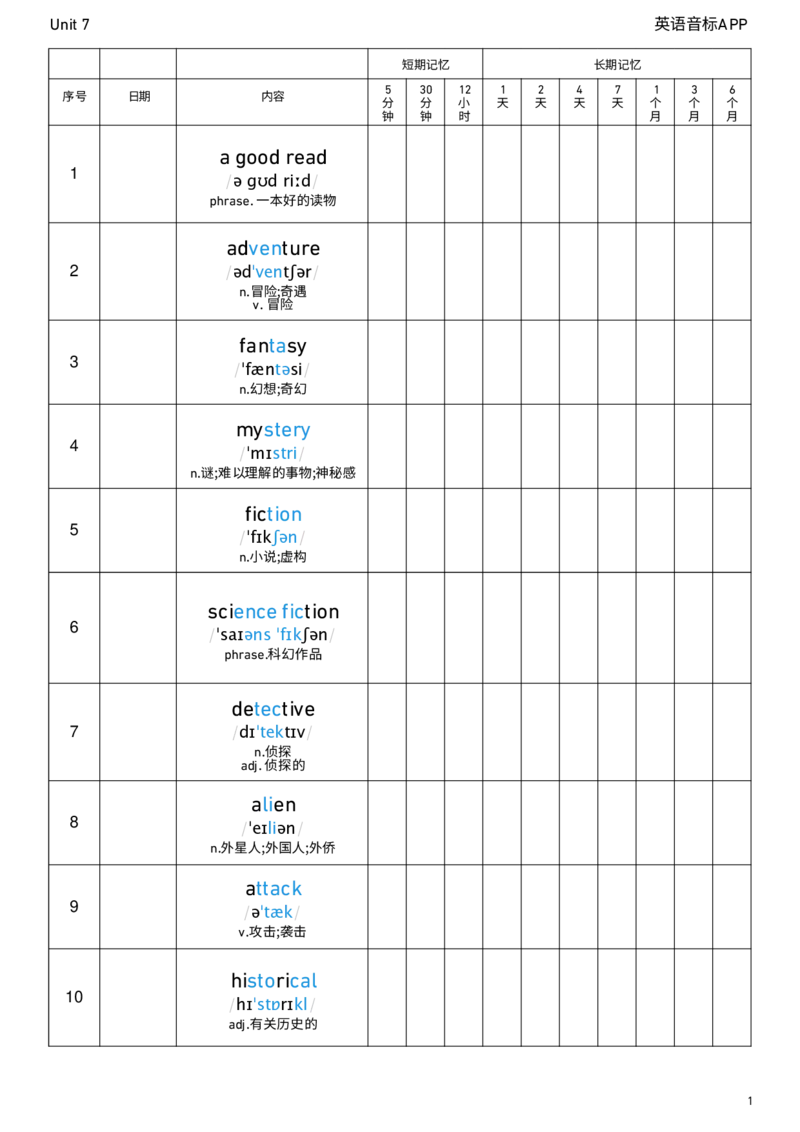2026春人教版英语八下Unit7艾宾浩斯记忆_初中英语新版_最新人教版英语八年级下册_2026春新人教版八下（更新中）_04单词背诵默写8个表（全）