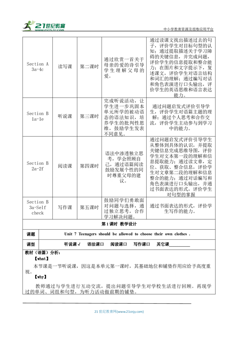 SectionA1a-2d大单元教学+课时设计Unit7Teenagersshouoldbeallowedtochoosetheirownclothesdocx_初中英语新版_最新人教版英语九年级全册_新更新初中英语9全_01课件+教案_Unit7SectionA1a-2d