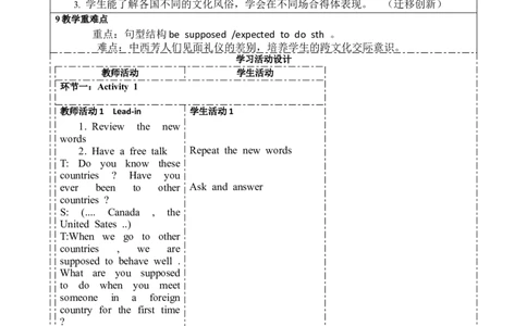 SectionA1a-2d大单元教学+课时设计Unit10Youresupposedtoshakehands_初中英语新版_最新人教版英语九年级全册_新更新初中英语9全_01课件+教案