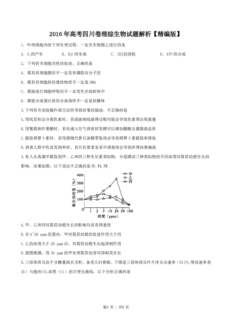 2016年高考生物试卷（四川）（空白卷）_生物历年高考真题_新&middot;PDF版2008-2025&middot;高考生物真题_生物（按试卷类型分类）2008-2025_自主命题卷&middot;生物（2008-2025）_四川自主命题&middot;生物（2008-2016）
