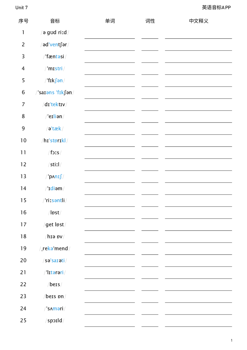 2026春人教版英语八下Unit7看音标默单词_初中英语新版_最新人教版英语八年级下册_2026春新人教版八下（更新中）_04单词背诵默写8个表（全）