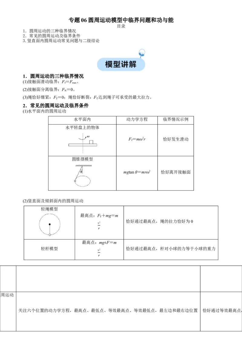 专题06圆周运动模型中临界问题和功与能（解析版）_2025高中物理模型方法技巧高三复习专题练习讲义_高考物理热点模型
