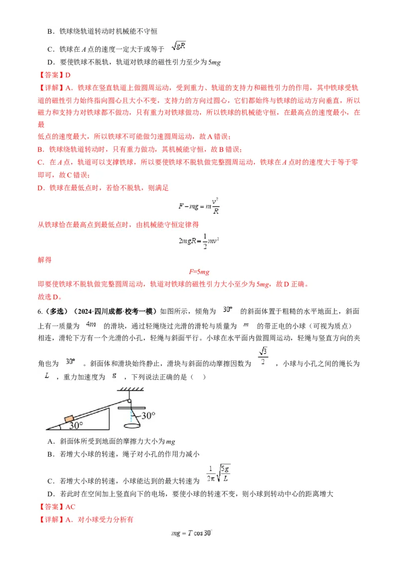 专题06圆周运动模型中临界问题和功与能（解析版）_2025高中物理模型方法技巧高三复习专题练习讲义_高考物理热点模型